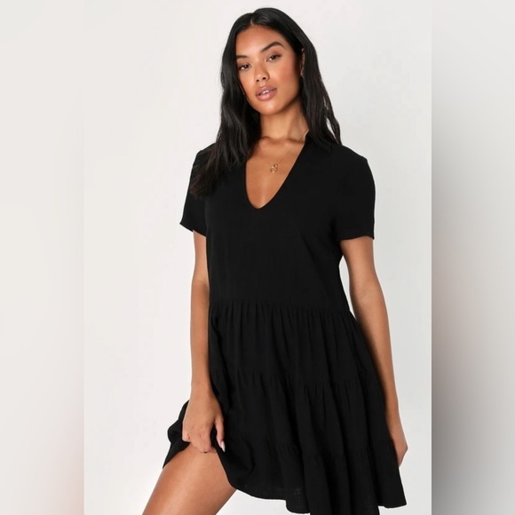 LULUS Darling Decision Black Linen Collared Tiered Mini Dress SIZE XL - Picture 2 of 11